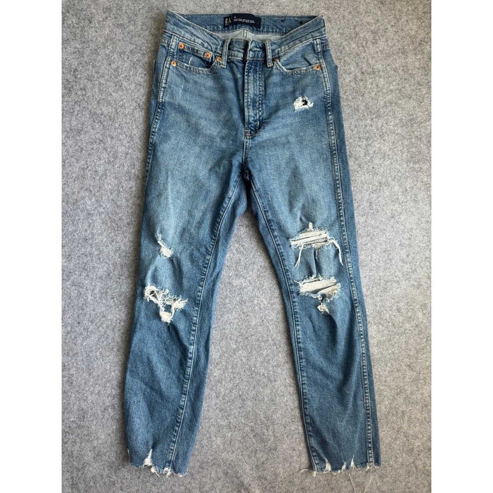Gap High Rise Vintage Slim Jeans Womens 25 Blue Distressed Ripped Raw Hem Denim